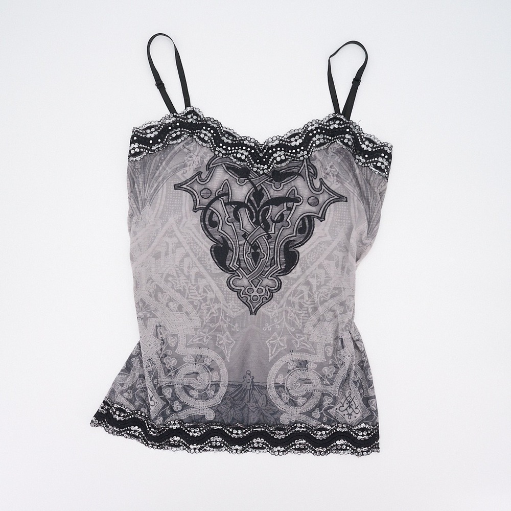 Maurices Gray & Black Cami Ornate Print Mesh Rhinestone Lace Trim